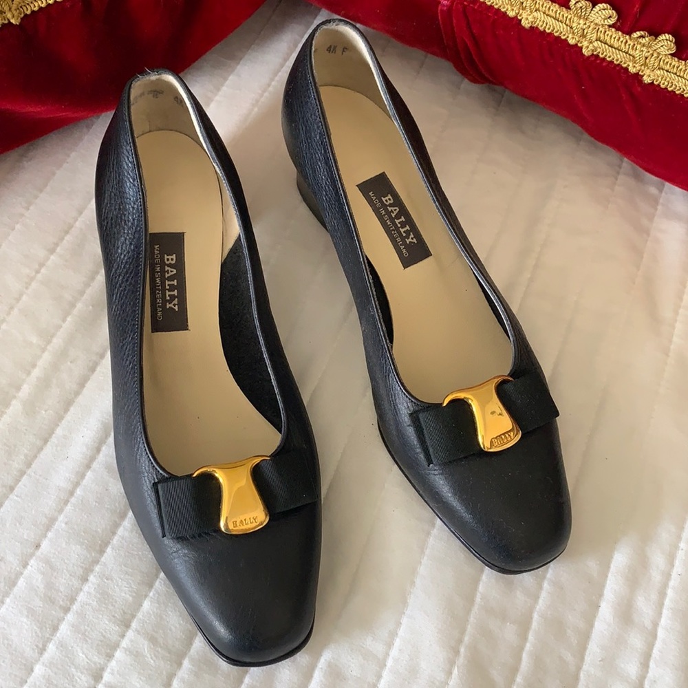 Bally Black Leather Flats with Gold Buckle